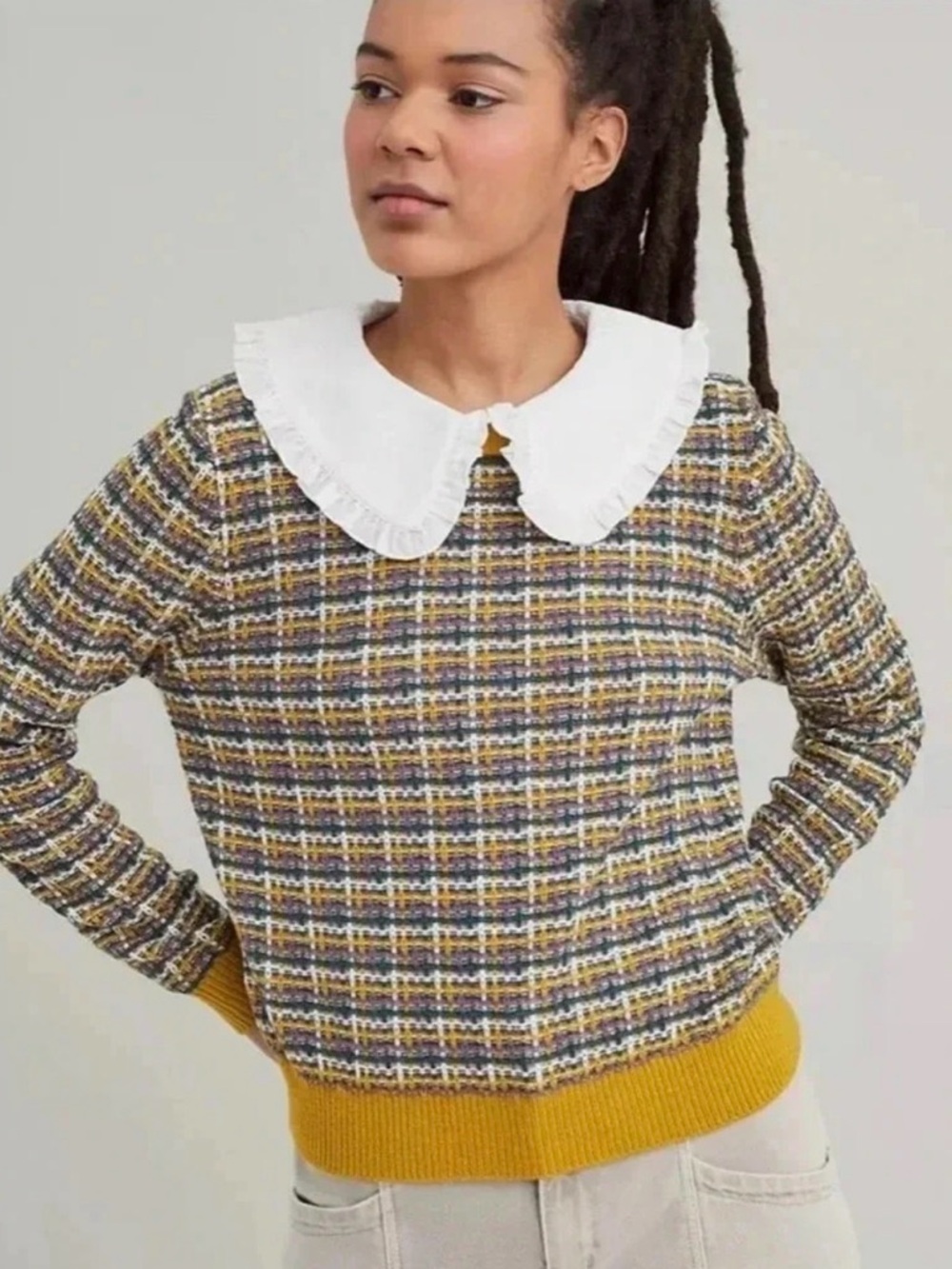 Anthropologie Plaid Peter Pan Collar Sweater XS Tweed Knit Preppy Cottagecore